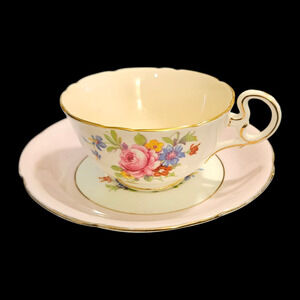 Vintage A B J Grafton England Floral Teacup and Saucer Gold Trim